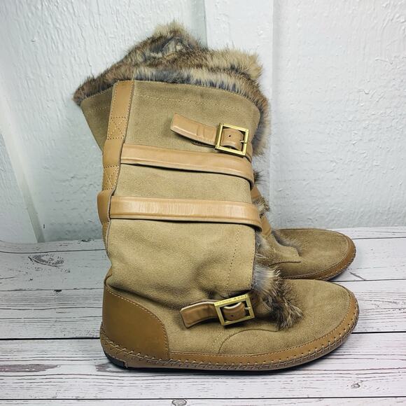 Tory Burch Suede Rabbit Fur Boots Brown Tan Mid-Calf Moccasins Womens 9 Jaden - Picture 2 of 8